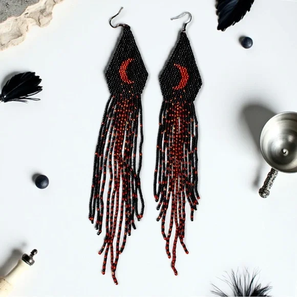 Hand Beaded Black/Red Extra Long Boho Crescent Moon Earrings - Picture 5 of 16